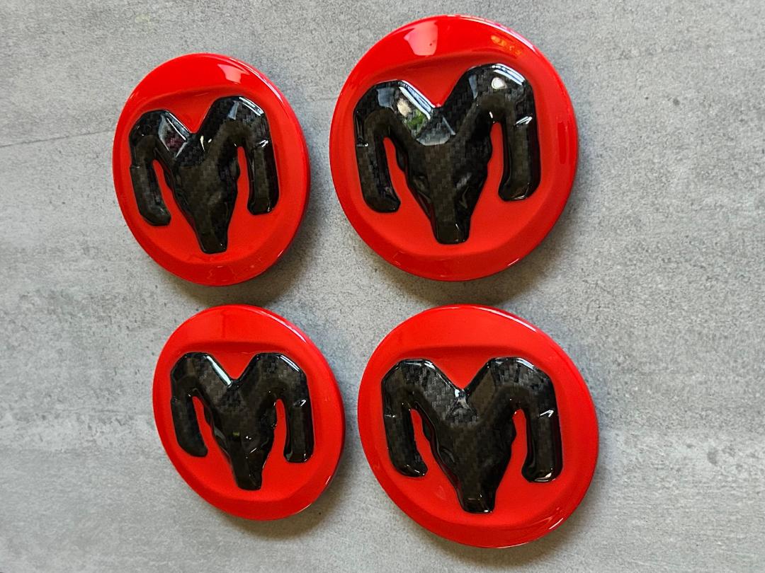 Ram 1500 2500 19-25 Red & Black Carbon Wheel Center Cap Set OEM