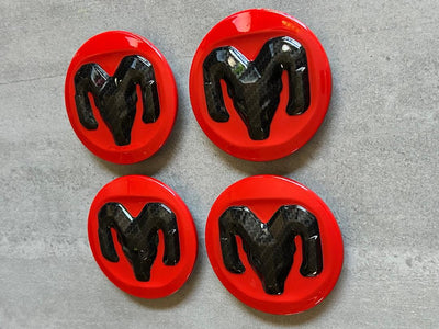Ram 1500 2500 19-25 Red & Black Carbon Wheel Center Cap Set OEM