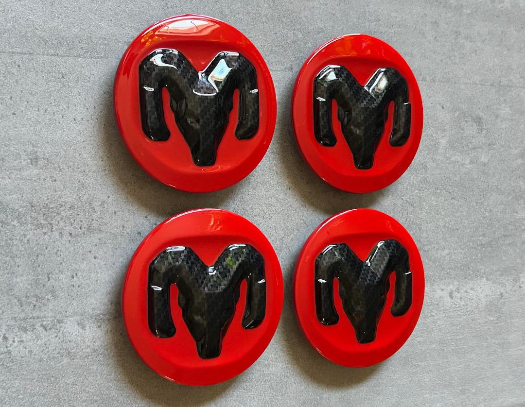 Ram 1500 2500 19-25 Red & Black Carbon Wheel Center Cap Set OEM
