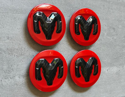 Ram 1500 2500 19-25 Red & Black Carbon Wheel Center Cap Set OEM