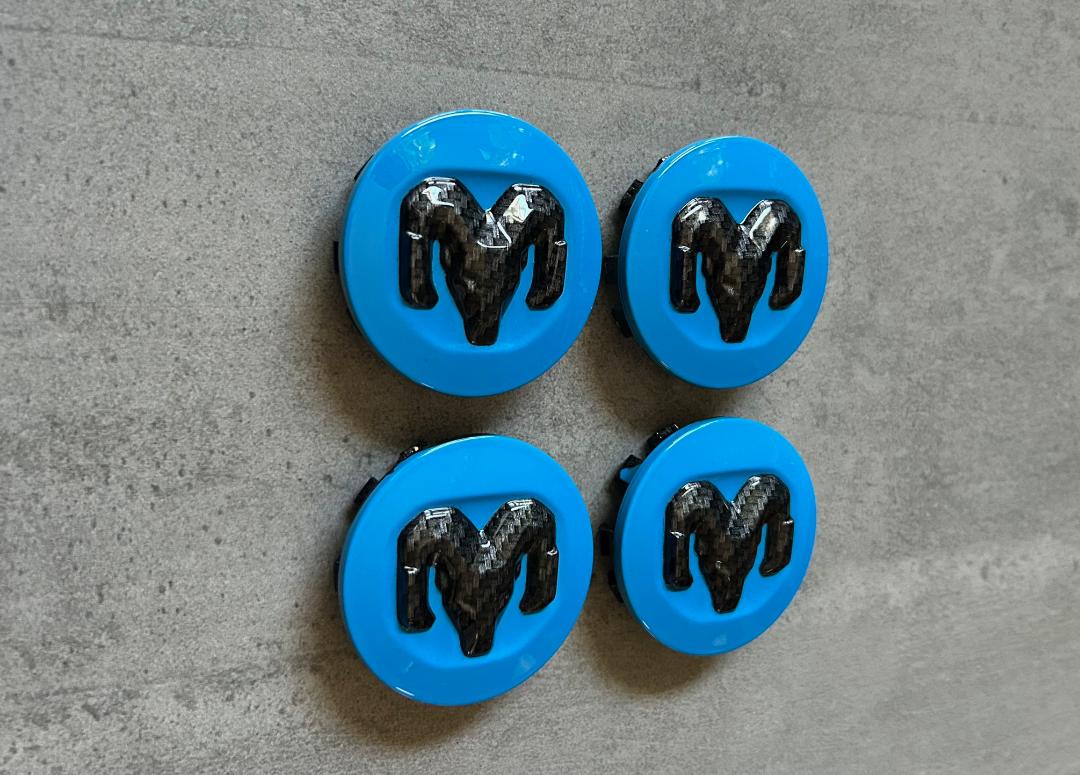 Ram 1500 2500 Mopar Blue & Black Carbon Center Cap Set OEM